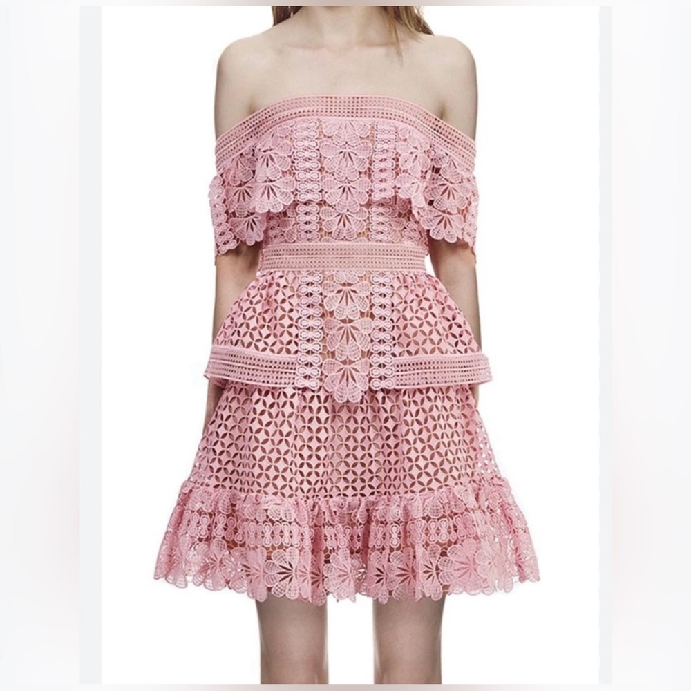 Self Portrait pink lace off the shoulder Guipure mini dress size 2